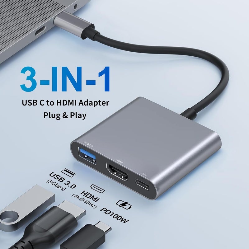 Luonanava USB C to HDMI Adapter, Type-C Hub Converter to 4K HDMI Output, USB 3.0 Port & 100W PD Fasting Charging Port, USB-C Digital AV Multiport Adapter for MacBook Pro/Air, iPad Pro and More USB-C Devices - Image 3